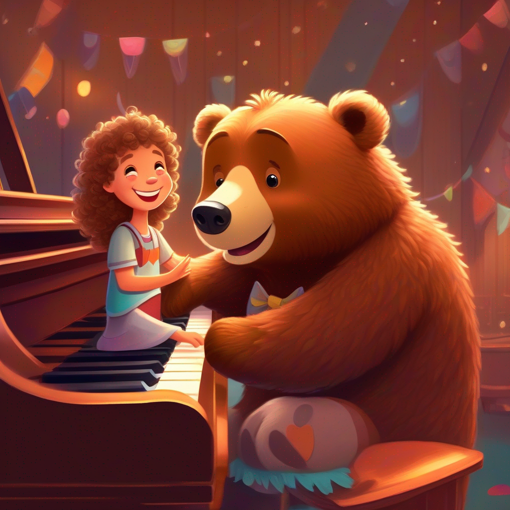 A brown bear with a friendly smile and a musical heart. and A little girl with curly hair and a love for music. become best friends and play piano together.