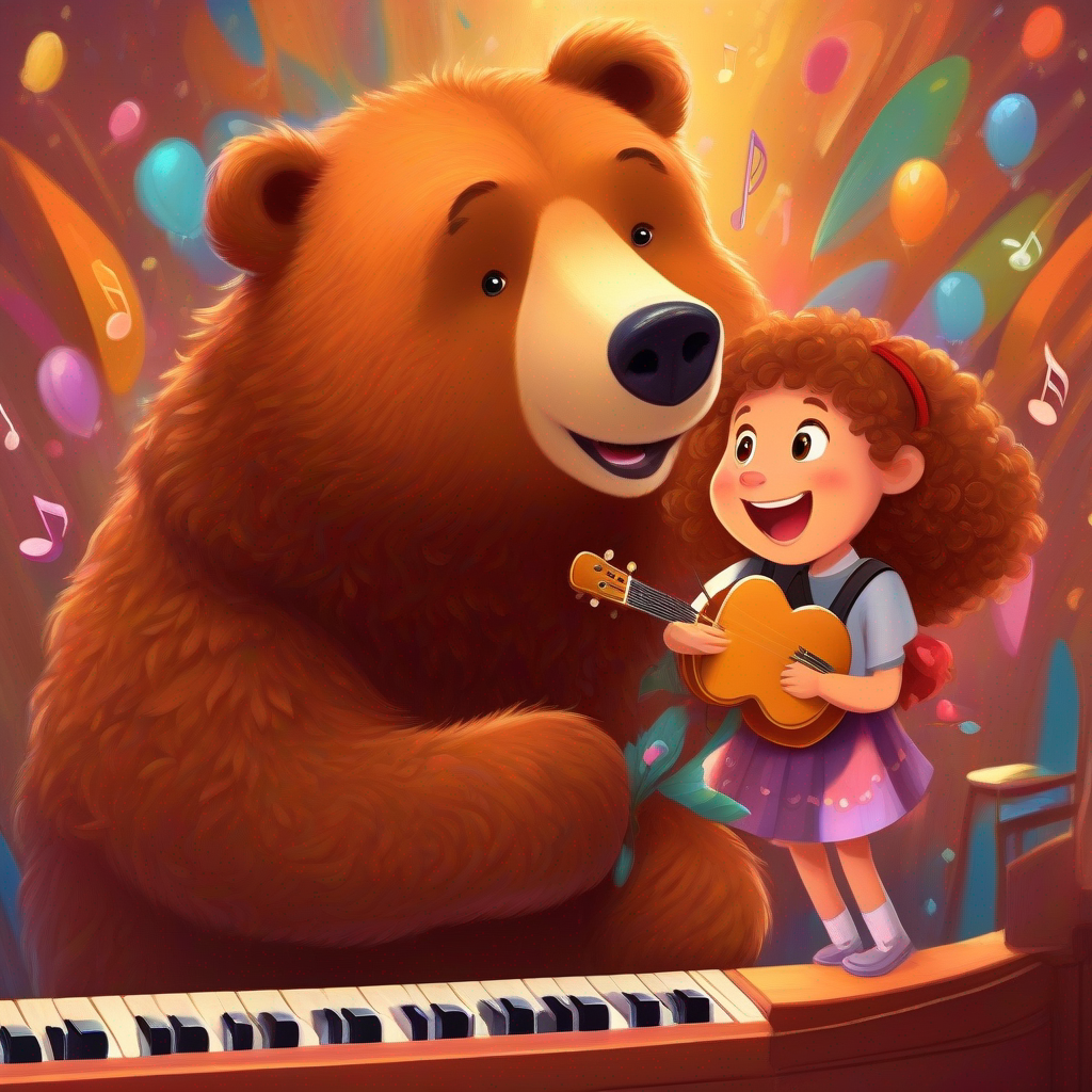 A brown bear with a friendly smile and a musical heart. and A little girl with curly hair and a love for music. perform concerts and inspire others with their music.