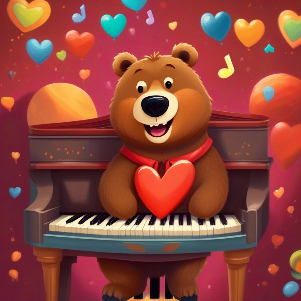 A brown bear with a friendly smile and a musical heart. continues spreading happiness through his piano melodies.