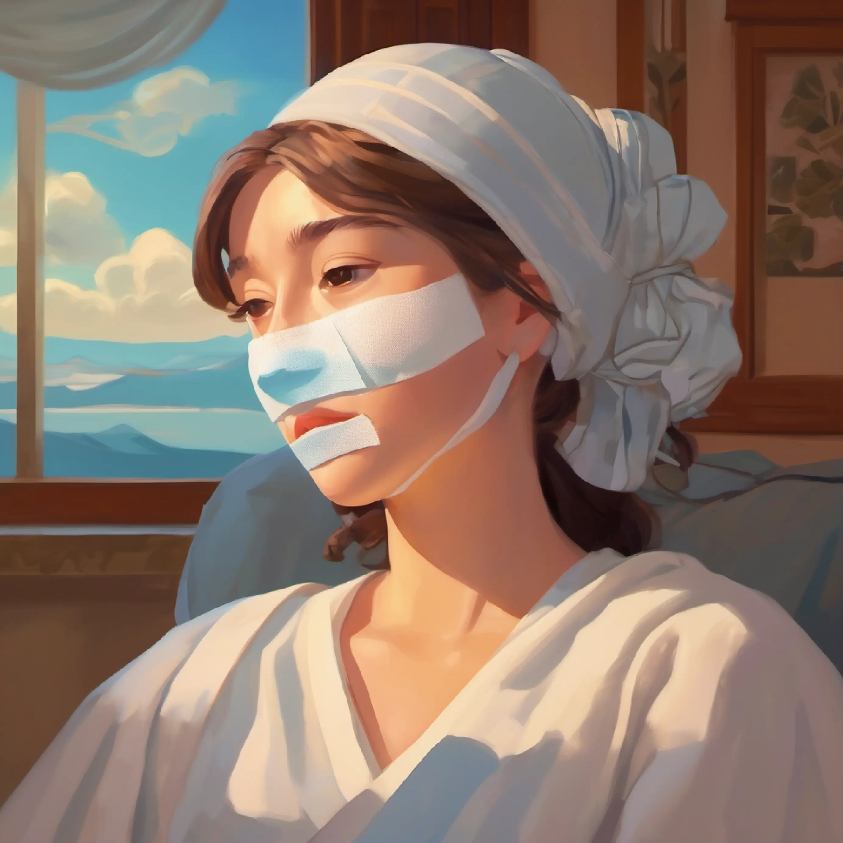 Dream Sophie has bandages on her face after surgery.