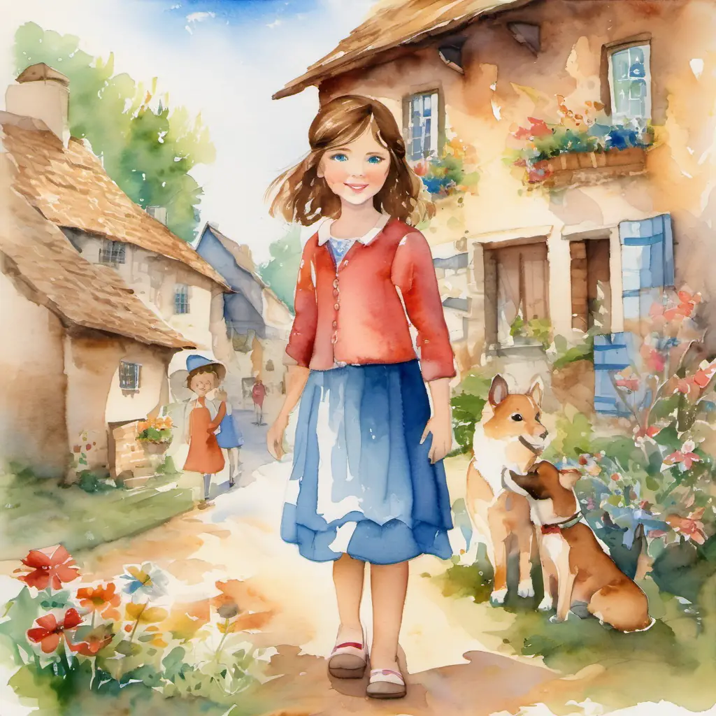 Lucy: a kind little girl with brown hair and blue eyes with her friends, spreading kindness in the village.