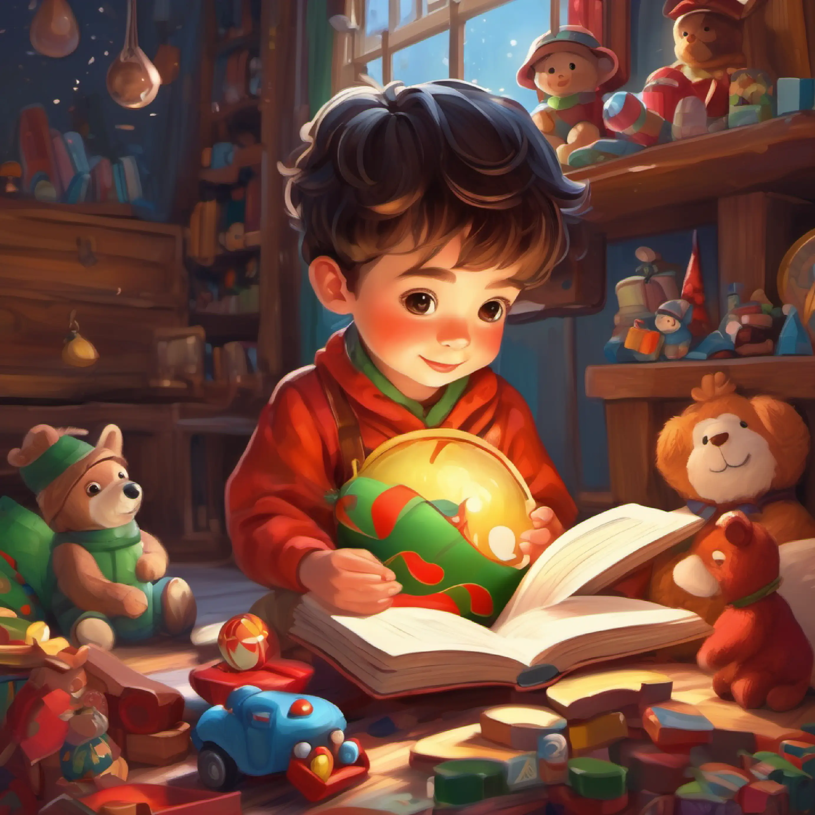 Character: Happy, curious child with brown eyes and fair skin reading, surrounded by toys.