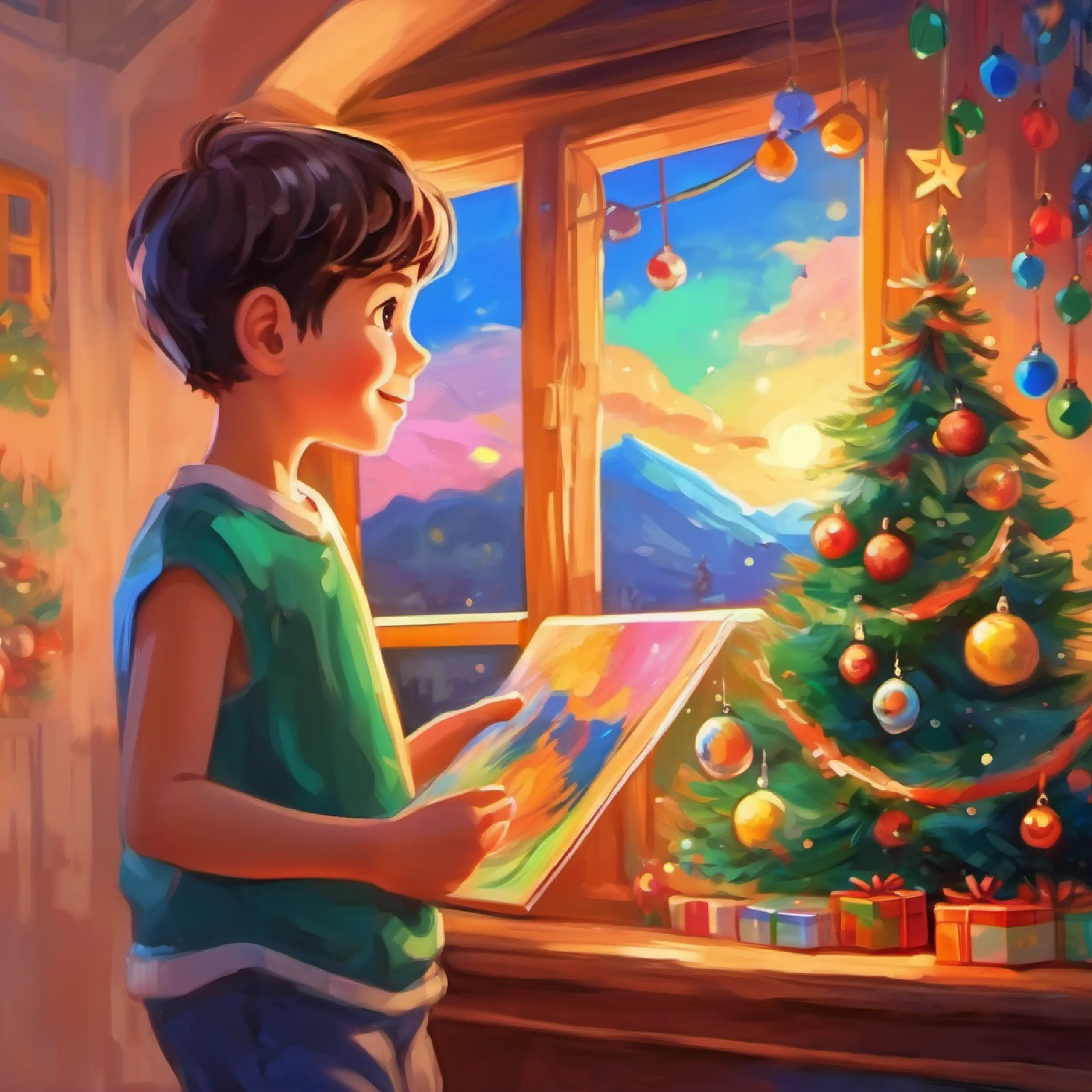 Character: Happy, curious child with brown eyes and fair skin admiring a colorful picture.