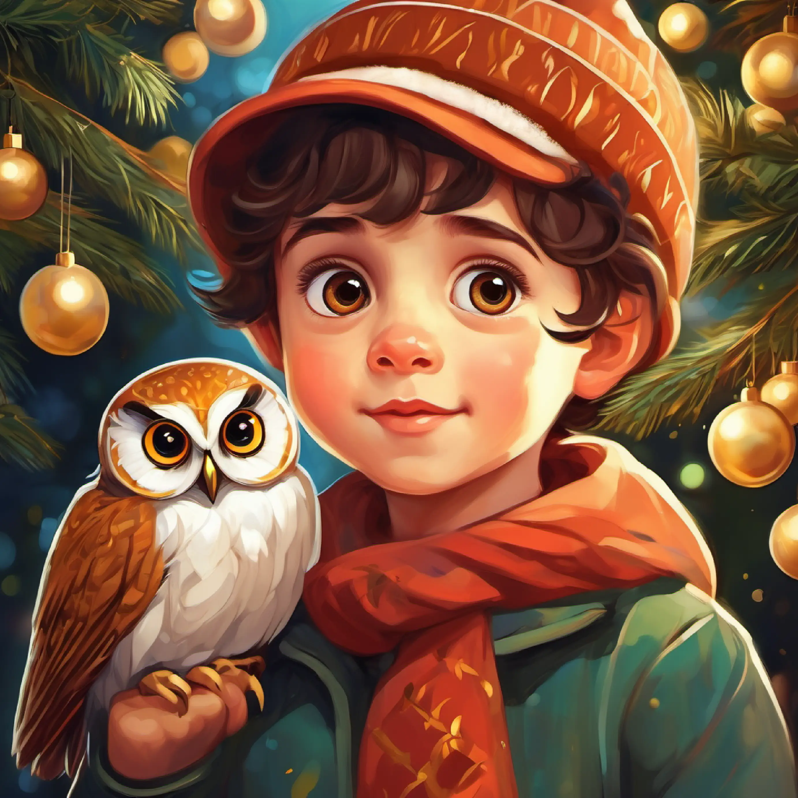 Character: Happy, curious child with brown eyes and fair skin comparing eyes with an Wide-eyed owl with round, golden eyes's eyes.