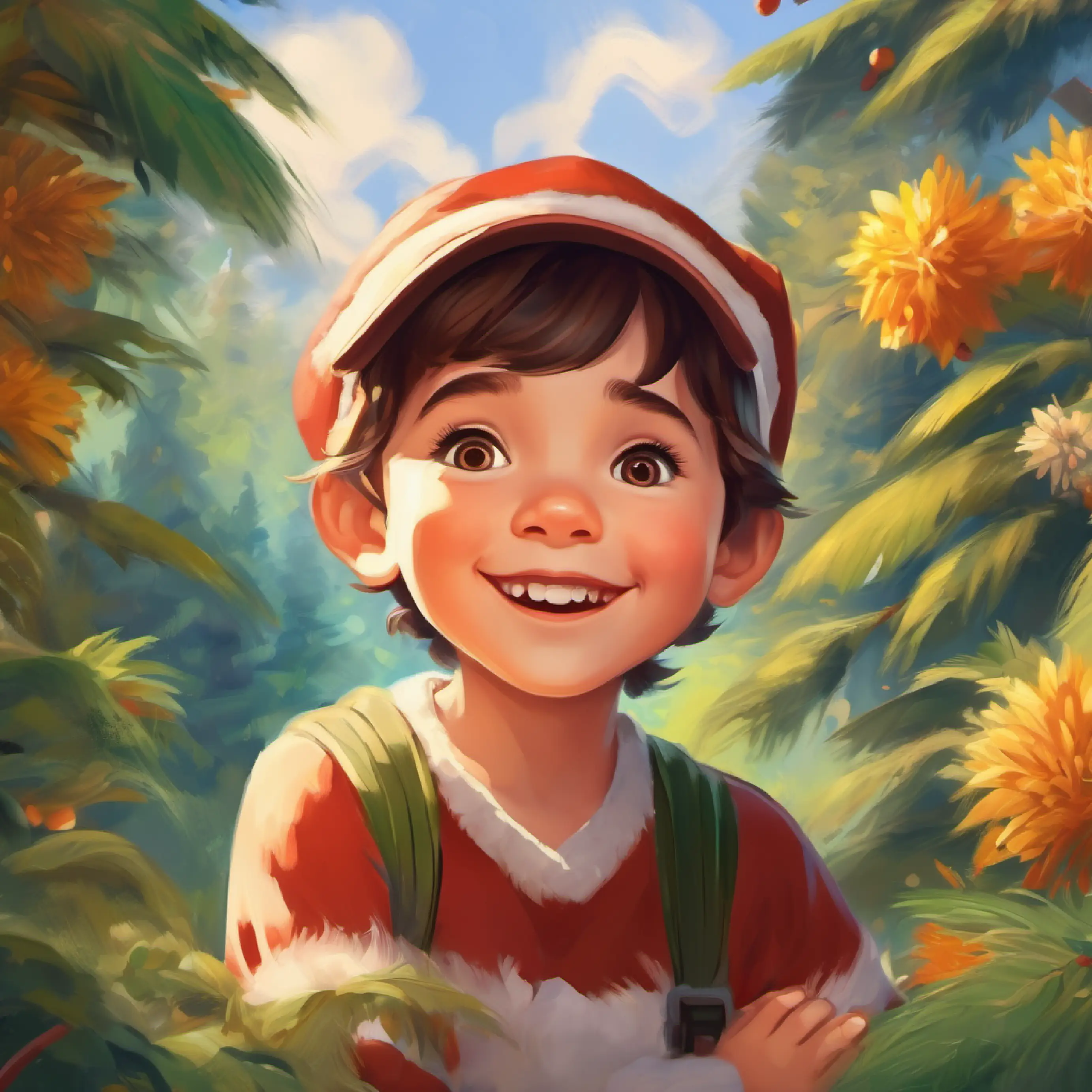 Character: Happy, curious child with brown eyes and fair skin showing gratitude, surrounded by nature.