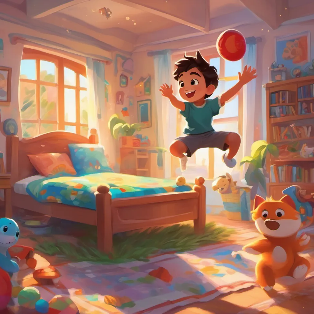 A small boy with bright eyes and a wide smile, jumping out of bed with an energetic bounce, pounce, and a big HURRAH in a colorful bedroom filled with toys and sunlight.