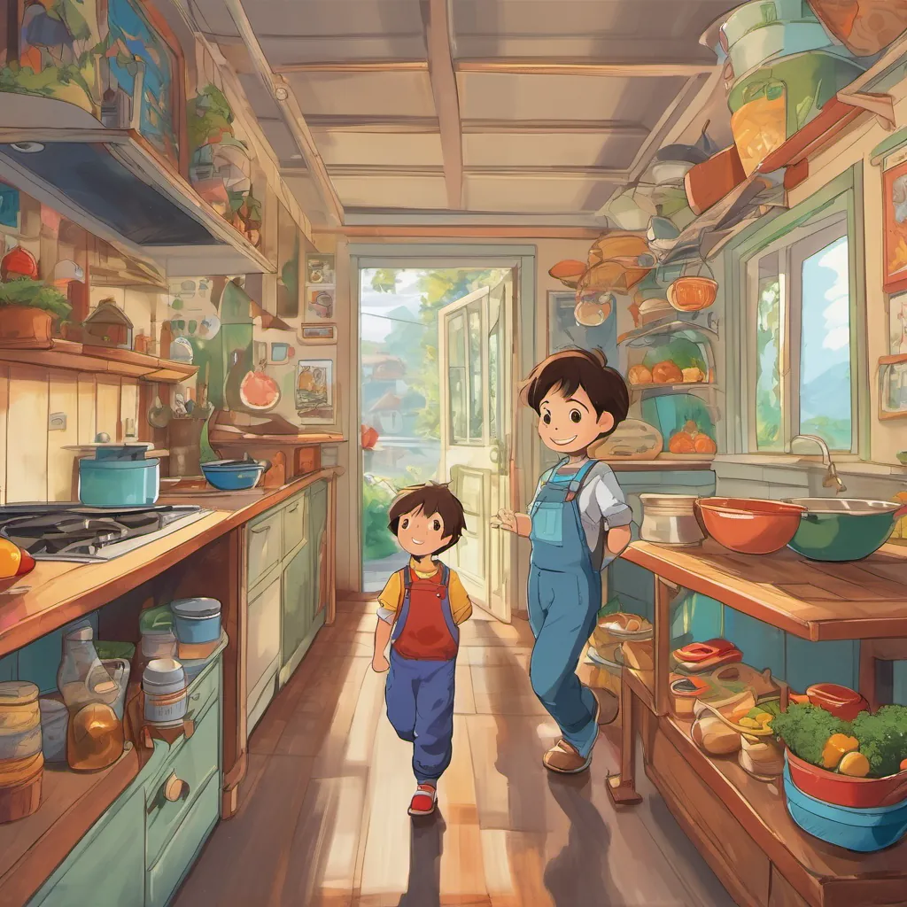 A small boy with bright eyes and a wide smile, wearing colorful overalls, zooming through a hallway like a racecar, with a sizzle sound coming from the kitchen, where a plate of food is ready. His mom smiles as he pretends to drive and makes engine noises.