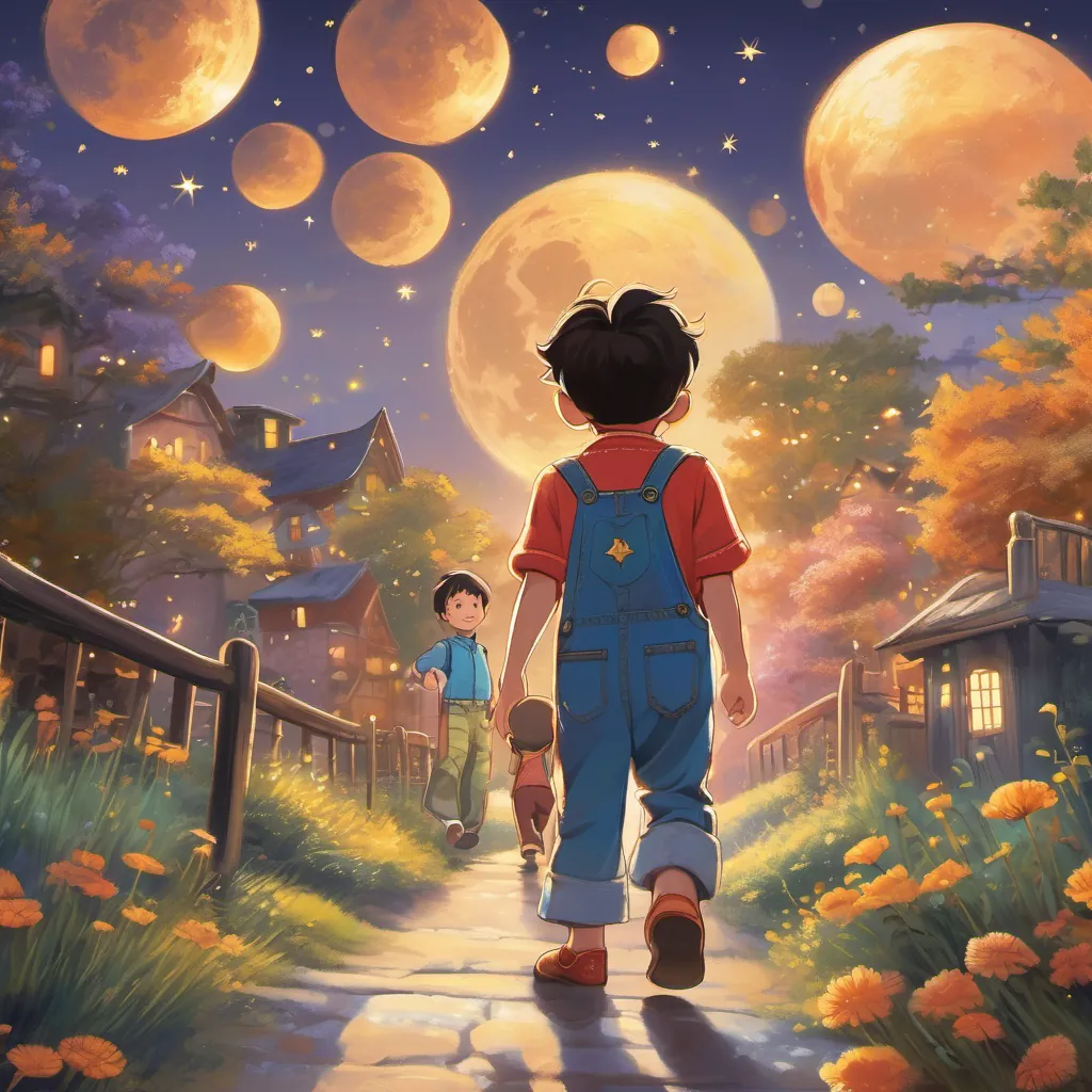 A small boy with bright eyes and a wide smile, wearing colorful overalls walking home with his parents as the sun sets, filling the sky with a golden glow. The moon starts to rise, sprinkling stars across the night sky like glitter.