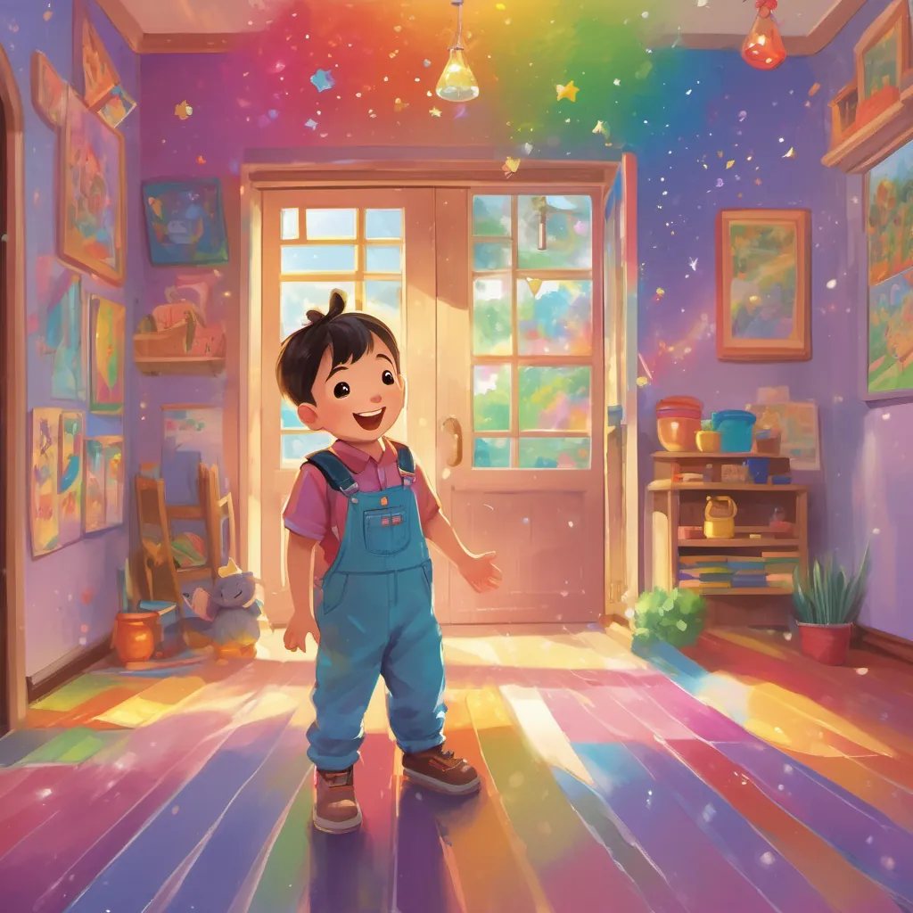 A vibrant pre-k classroom filled with rainbow-colored walls and sparkles, resembling a unicorn's dream, with A small boy with bright eyes and a wide smile, wearing colorful overalls standing in the doorway, amazed and excited.