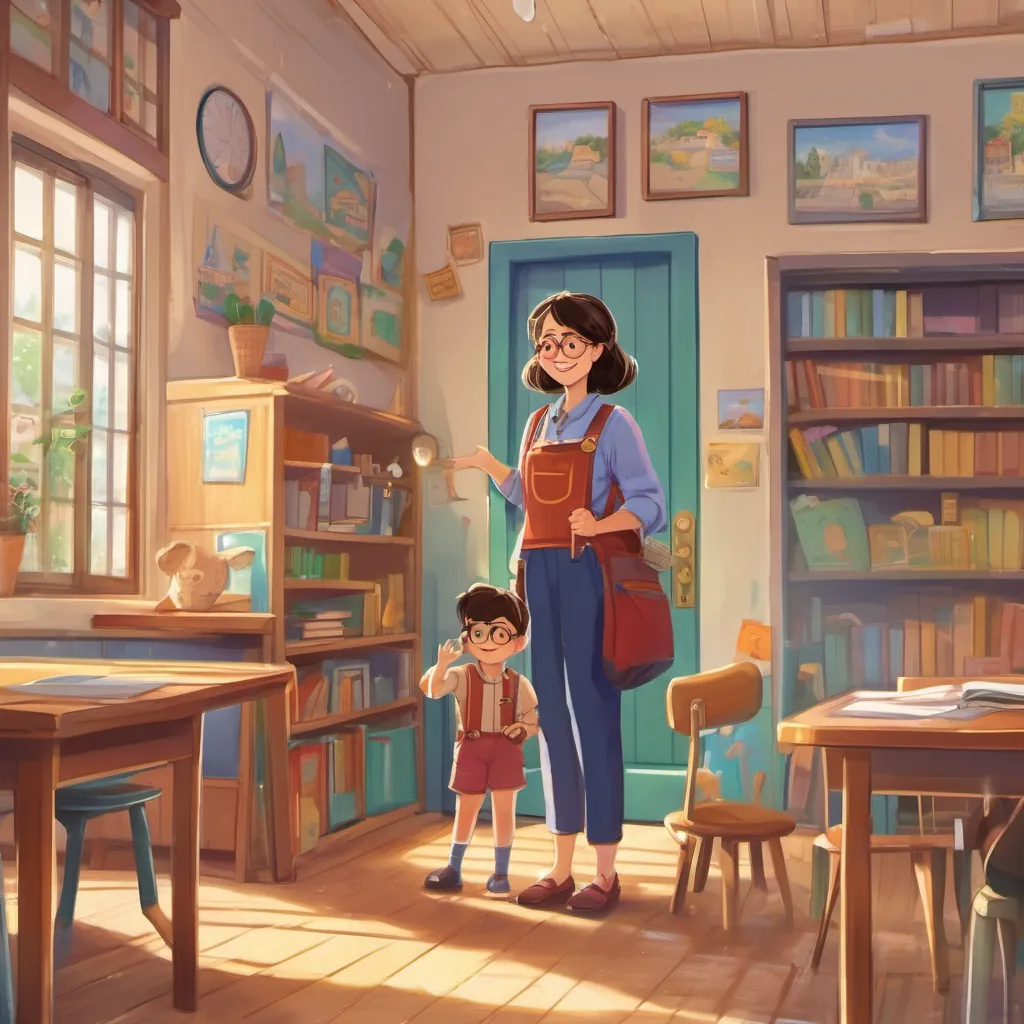 A kind teacher with sparkling glasses and a sunny smile, a kind teacher with sparkling glasses and a sunny smile, standing in front of the classroom doors while A small boy with bright eyes and a wide smile, wearing colorful overalls looks up at her with curiosity and excitement.