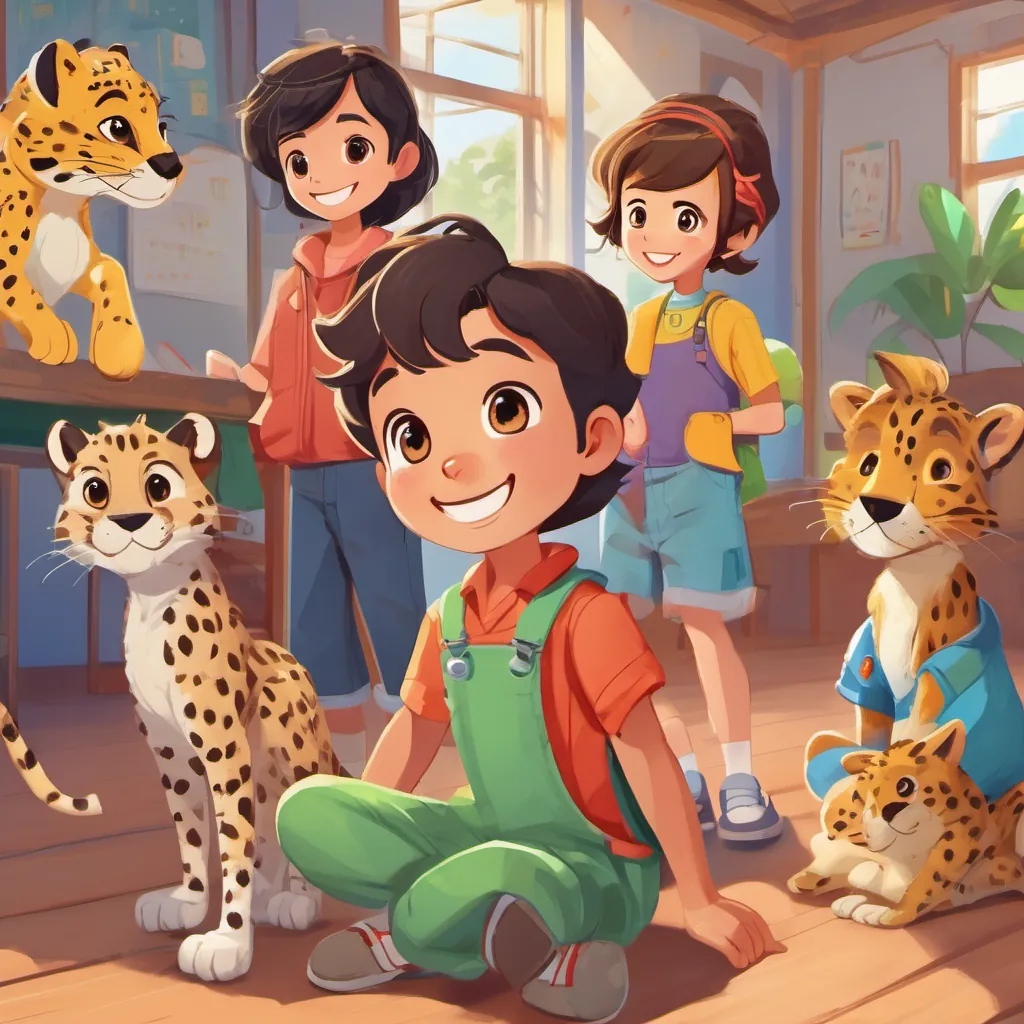 A small boy with bright eyes and a wide smile, wearing colorful overalls meeting A boy with cheetah-like speed, a boy with cheetah-like speed, and A girl with a cheerful giggle, a girl with a cheerful giggle, all standing in a colorful classroom with friendly expressions.
