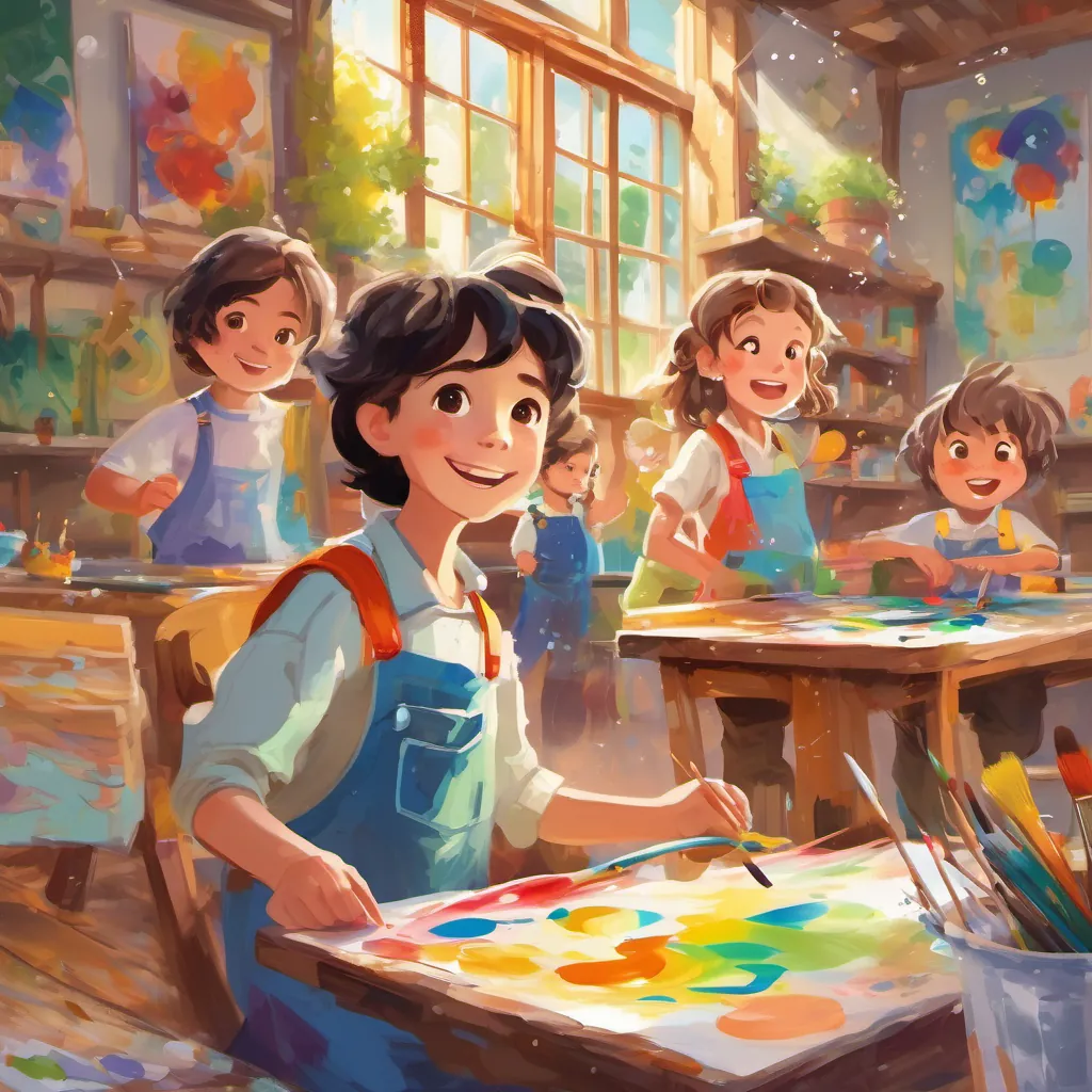 Children in an art class, using bright paints and creating swirly, twirly artworks, with A small boy with bright eyes and a wide smile, wearing colorful overalls joyfully splashing colors, causing a fun mess.