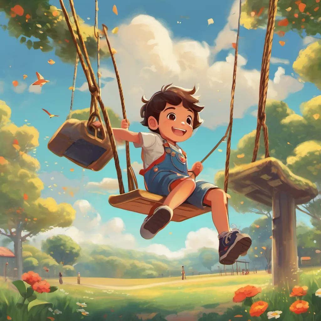Children on swings in a playground, swinging high towards the sky with joyful expressions. A small boy with bright eyes and a wide smile, wearing colorful overalls is in mid-air on a swing, with his arms reaching upwards as if flying.
