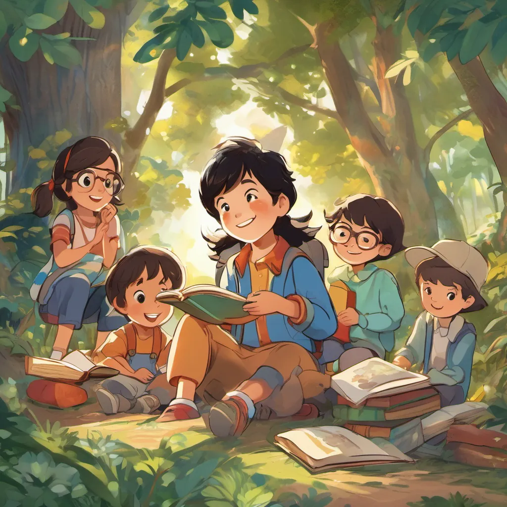 Children sitting in a circle around A kind teacher with sparkling glasses and a sunny smile, who holds an open storybook. A small boy with bright eyes and a wide smile, wearing colorful overalls's eyes are wide and filled with wonder as he listens intently to the story about a magical forest.