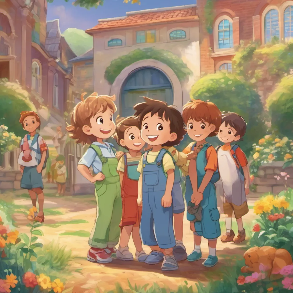 A small boy with bright eyes and a wide smile, wearing colorful overalls smiling brightly, hugging his new friends as they stand in front of the school, signifying the end of their fun-filled day at pre-k.