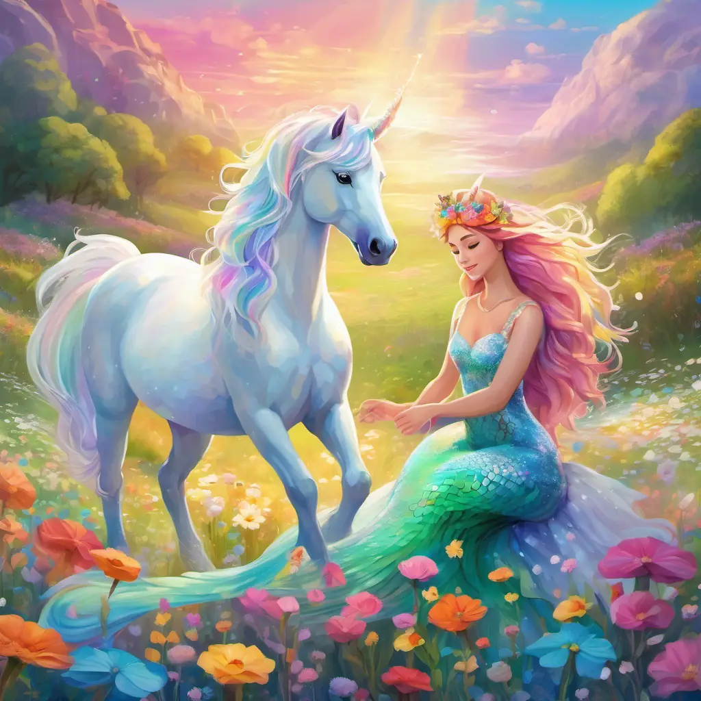 In a meadow filled with flowers, Rainbow-colored scales, sparkly mermaid tail, and a beautiful princess gown meets her friend White unicorn with a colorful mane and tail. The unicorn has a white body with a colorful mane and tail.