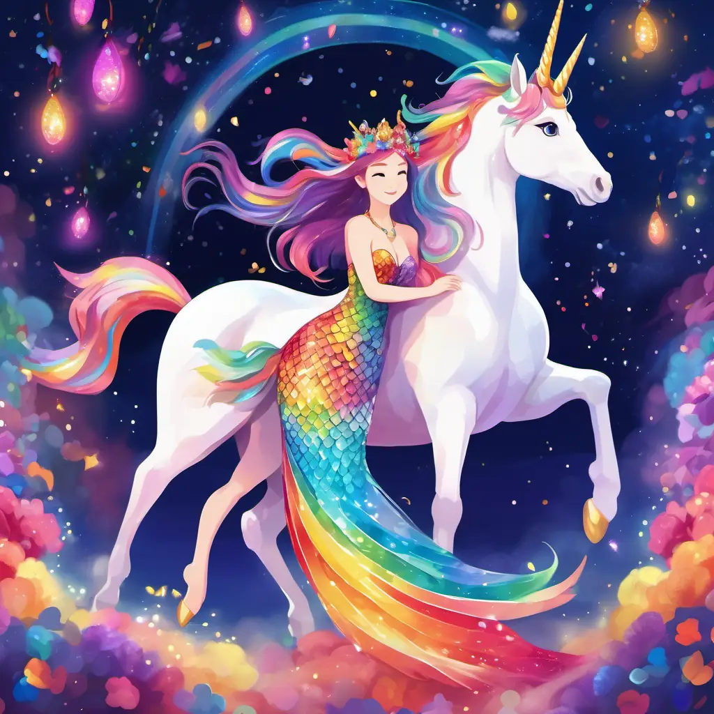 Rainbow-colored scales, sparkly mermaid tail, and a beautiful princess gown and White unicorn with a colorful mane and tail are flying together through the night sky, touching the rainbow, surrounded by colorful lights.