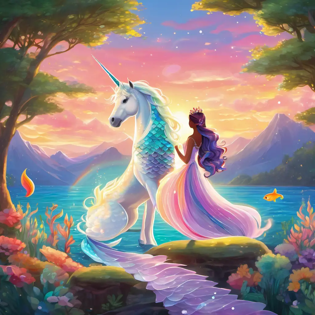 Rainbow-colored scales, sparkly mermaid tail, and a beautiful princess gown and White unicorn with a colorful mane and tail wave goodbye to each other as the sun starts to rise, promising to meet again.