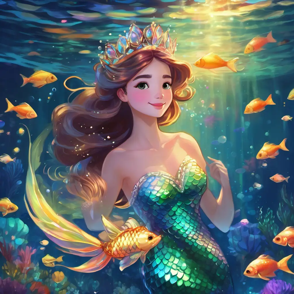 Underwater, you can see Rainbow-colored scales, sparkly mermaid tail, and a beautiful princess gown the mermaid swimming with her shiny scales. At night, she transforms into a princess wearing a sparkly gown.