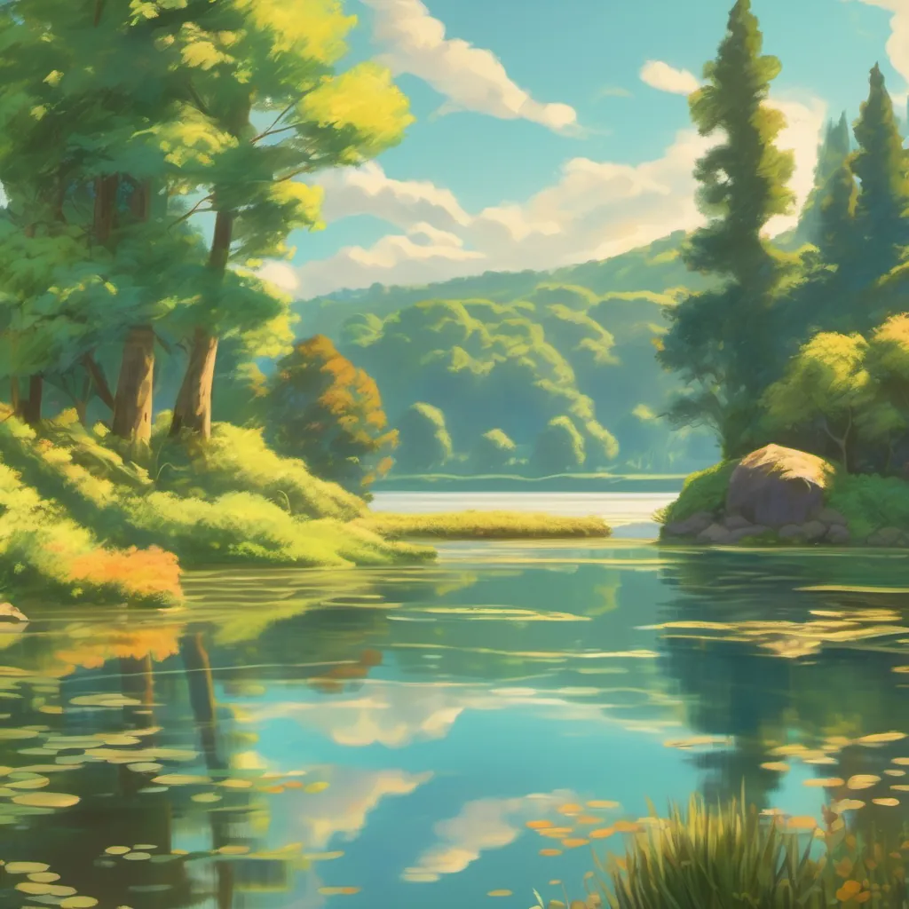 A serene lakeside with shimmering water under a bright sunny sky, hint of a shadowy figure beneath the surface.
