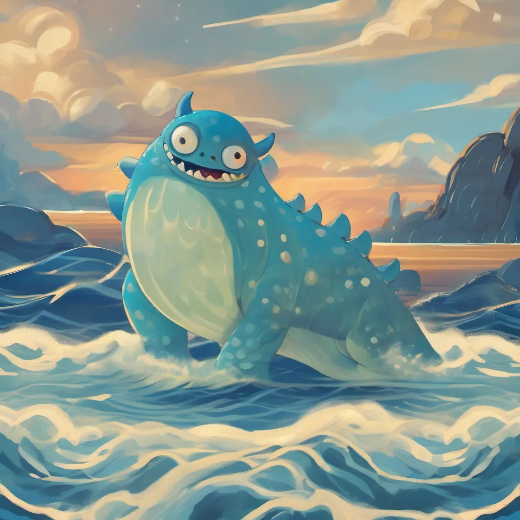 A blue-scaled monster with big googly eyes, playing in the fading sunlight, surrounded by gentle waves.