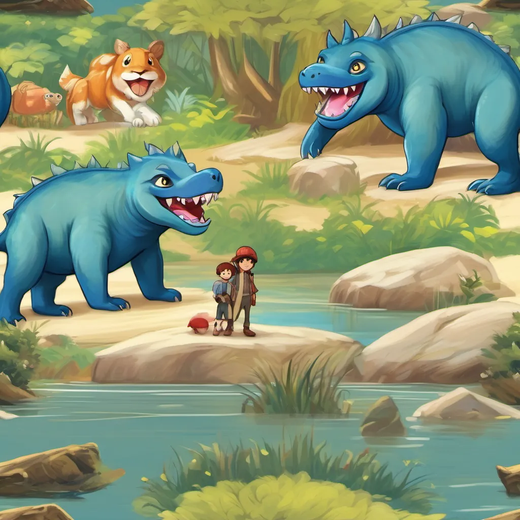 A peaceful lakeside scene filled with various animals and A large blue-scaled monster with wide, friendly eyes and a playful demeanor enjoying their time together.