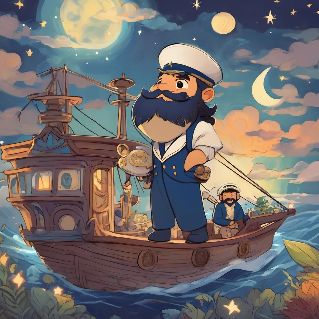 A whimsical illustration of A kind-hearted captain with a bushy beard, wearing a traditional sailor uniform complete with a captain's hat and A large blue-scaled monster with wide, friendly eyes and a playful demeanor with stars and the moon above, indicating a happy ending.