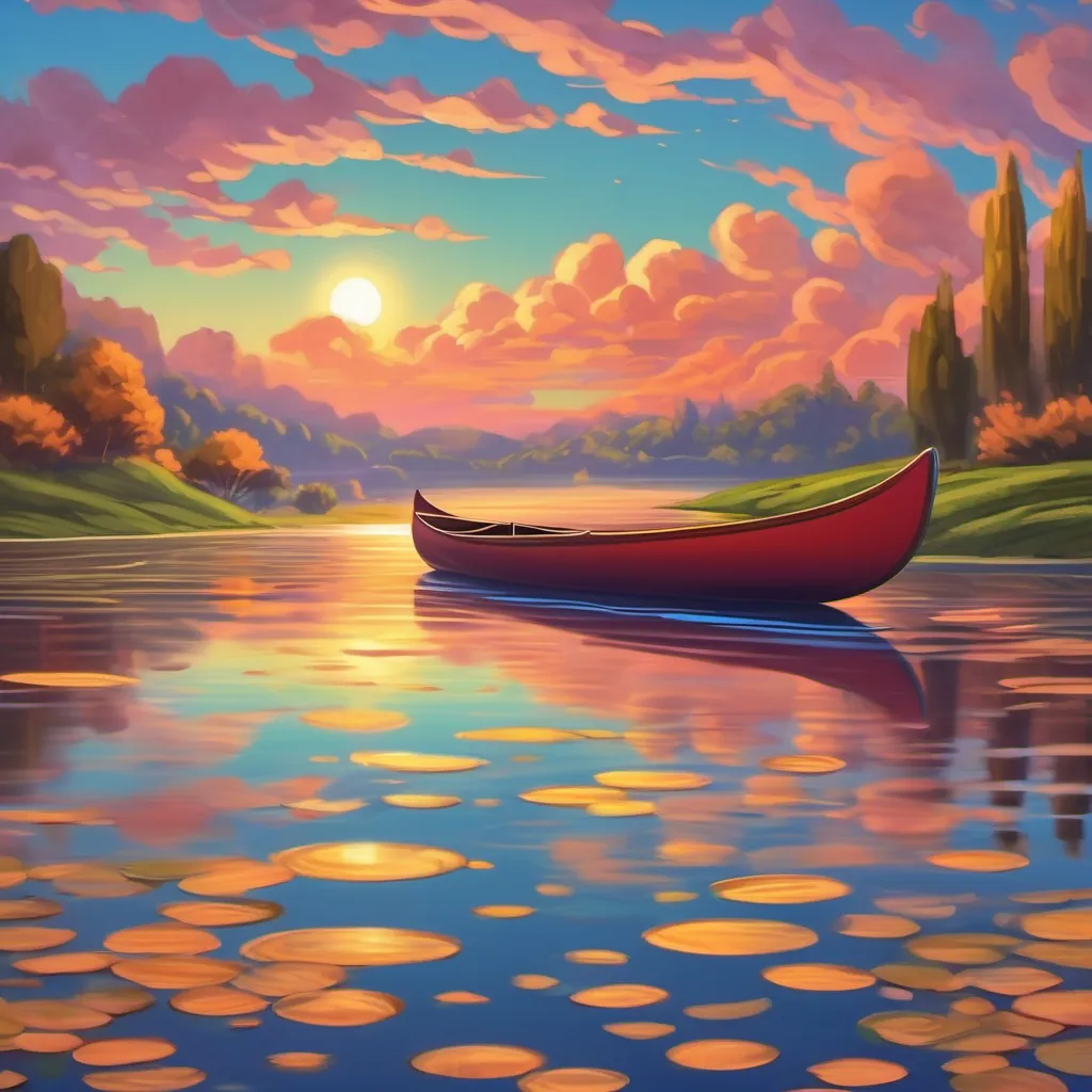 A colorful canoe gently floating on the lake, with ripples spreading outward, against a picturesque sunset.