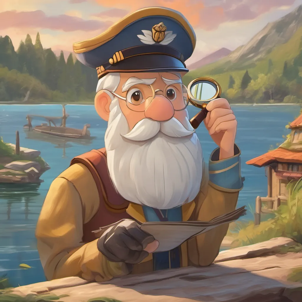 An old captain with a magnifying glass, scratching his head and looking puzzled near the lakeside.