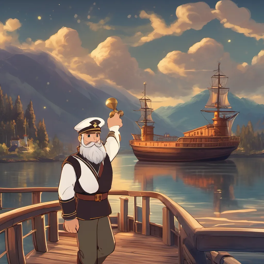 A kind-hearted captain with a bushy beard, wearing a traditional sailor uniform complete with a captain's hat setting sail on a big ship with a telescope, searching the lake for signs of the monster.