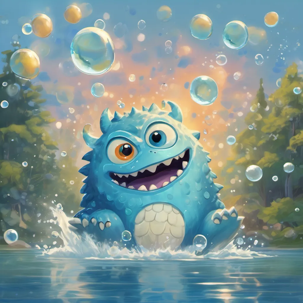 A large blue-scaled monster with wide, friendly eyes and a playful demeanor emerging from the lake with a big splash, surrounded by bubbles and water droplets.