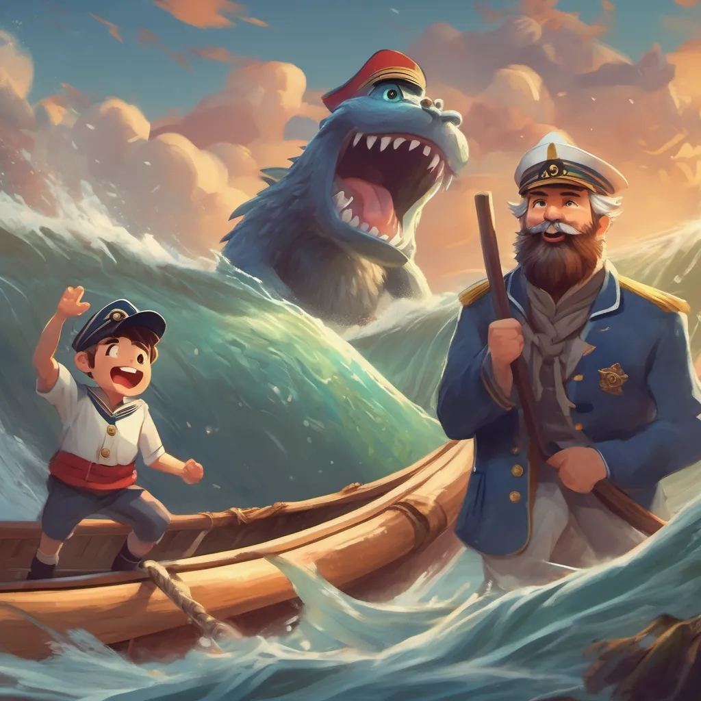 A kind-hearted captain with a bushy beard, wearing a traditional sailor uniform complete with a captain's hat waving and shouting at the playful monster, as the monster holds a canoe in its mouth.