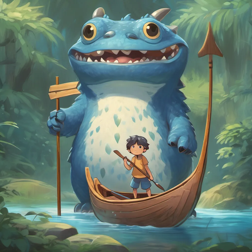 A large blue-scaled monster with wide, friendly eyes and a playful demeanor looking apologetic, holding the canoe gently, with wide, innocent eyes.