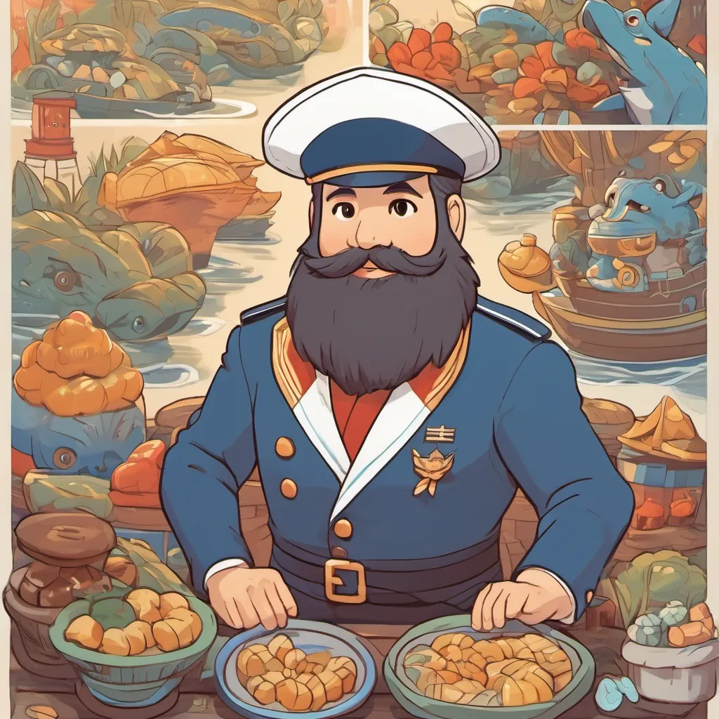 A kind-hearted captain with a bushy beard, wearing a traditional sailor uniform complete with a captain's hat and A large blue-scaled monster with wide, friendly eyes and a playful demeanor shaking hands (or fin and hand), with a stack of treats by the lakeside.