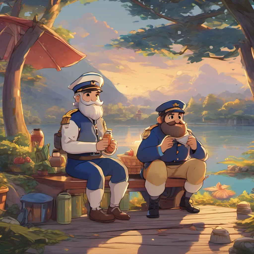 A kind-hearted captain with a bushy beard, wearing a traditional sailor uniform complete with a captain's hat and A large blue-scaled monster with wide, friendly eyes and a playful demeanor sitting together by the lake, sharing stories and snacks as the sun sets.