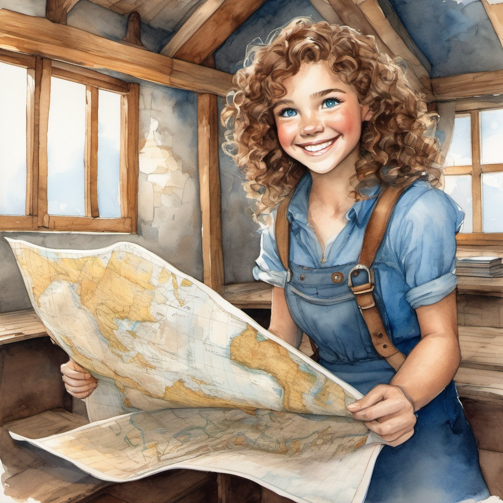 Curly brown hair, bright blue eyes, and a big smile holding an old map in the attic, with a look of excitement