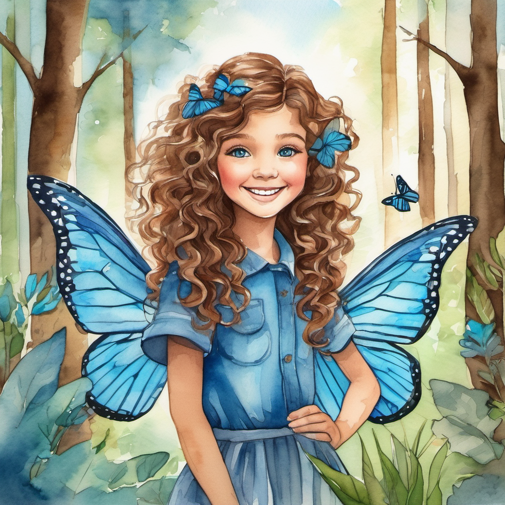 Curly brown hair, bright blue eyes, and a big smile standing in a beautiful forest, with a blue butterfly flying beside them