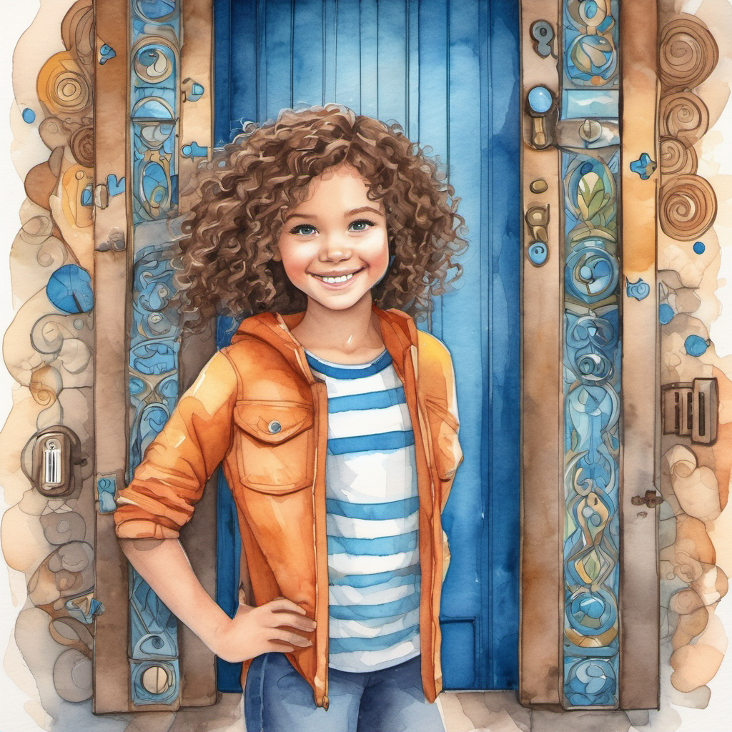 Curly brown hair, bright blue eyes, and a big smile standing in front of a giant door with symbols on it, unlocking the puzzle