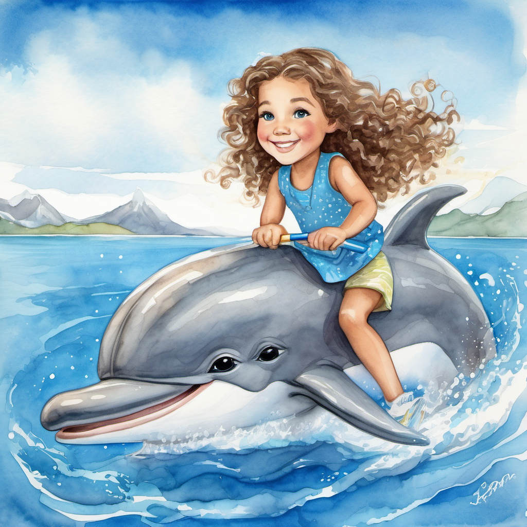 Curly brown hair, bright blue eyes, and a big smile riding on a friendly dolphin, crossing a sparkling blue lake