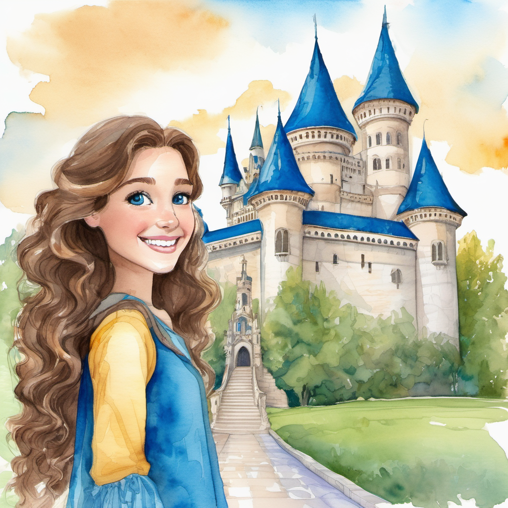 Curly brown hair, bright blue eyes, and a big smile standing in front of a grand castle, talking to a wise old owl