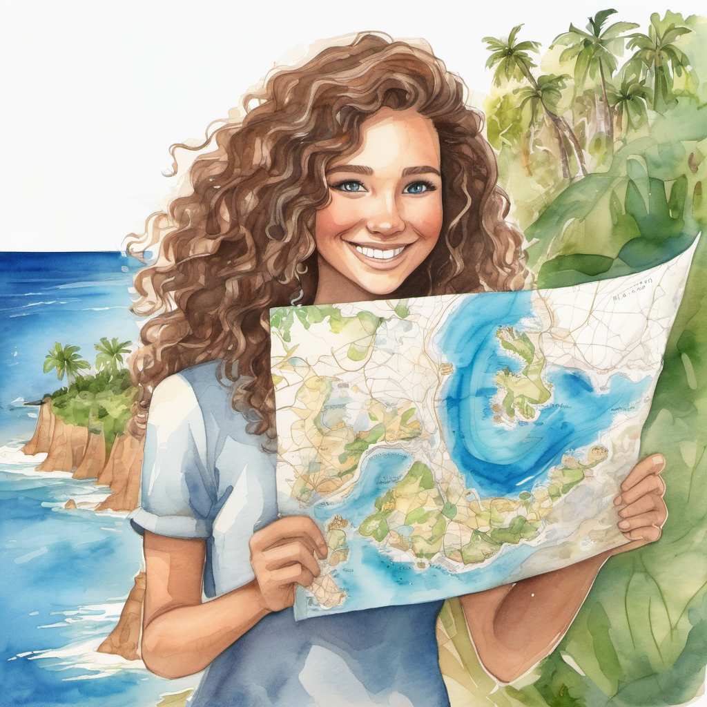 Curly brown hair, bright blue eyes, and a big smile waving goodbye to the island, holding the map as a reminder of the journey