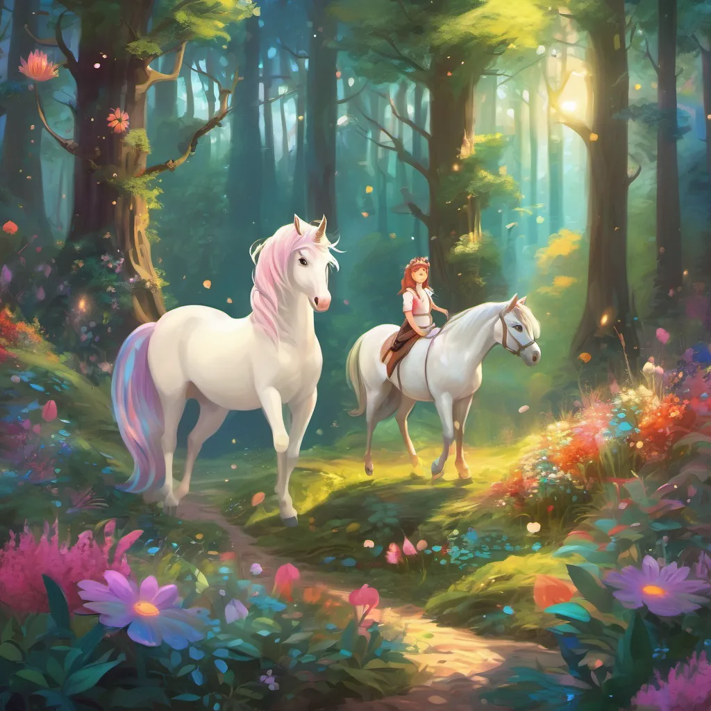A whimsical forest with magical glows, colorful flowers, and a gleaming young unicorn named A young, bright unicorn with a gleaming, shiny horn in a magical forest.