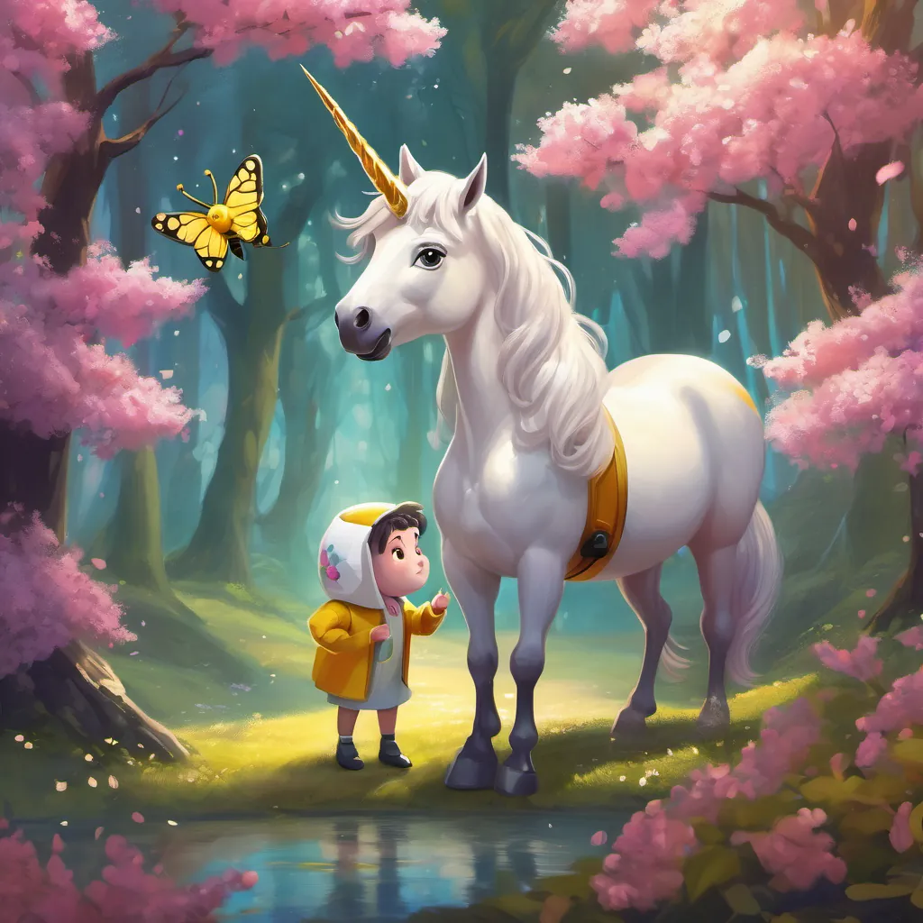 A young, bright unicorn with a gleaming, shiny horn in a magical forest looking worried next to a cherry tree, speaking to a cute, chubby bumblebee.
