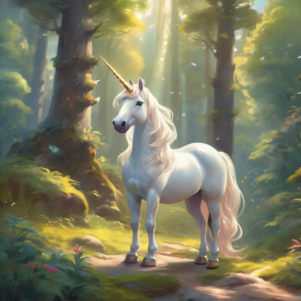 A young, bright unicorn with a gleaming, shiny horn in a magical forest with a beaming smile, finding her shiny horn on a fluffy white cloud.
