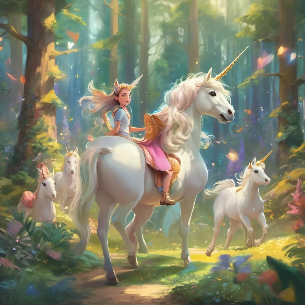 A young, bright unicorn with a gleaming, shiny horn in a magical forest reattaching her horn with friends cheering around her, all in a magical forest setting.