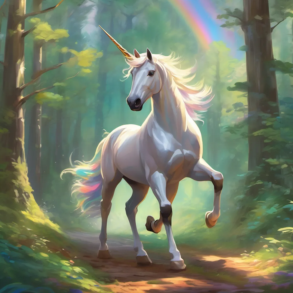 A young, bright unicorn with a gleaming, shiny horn in a magical forest trotting with determination through the forest, heading towards the distant Rainbow Falls.