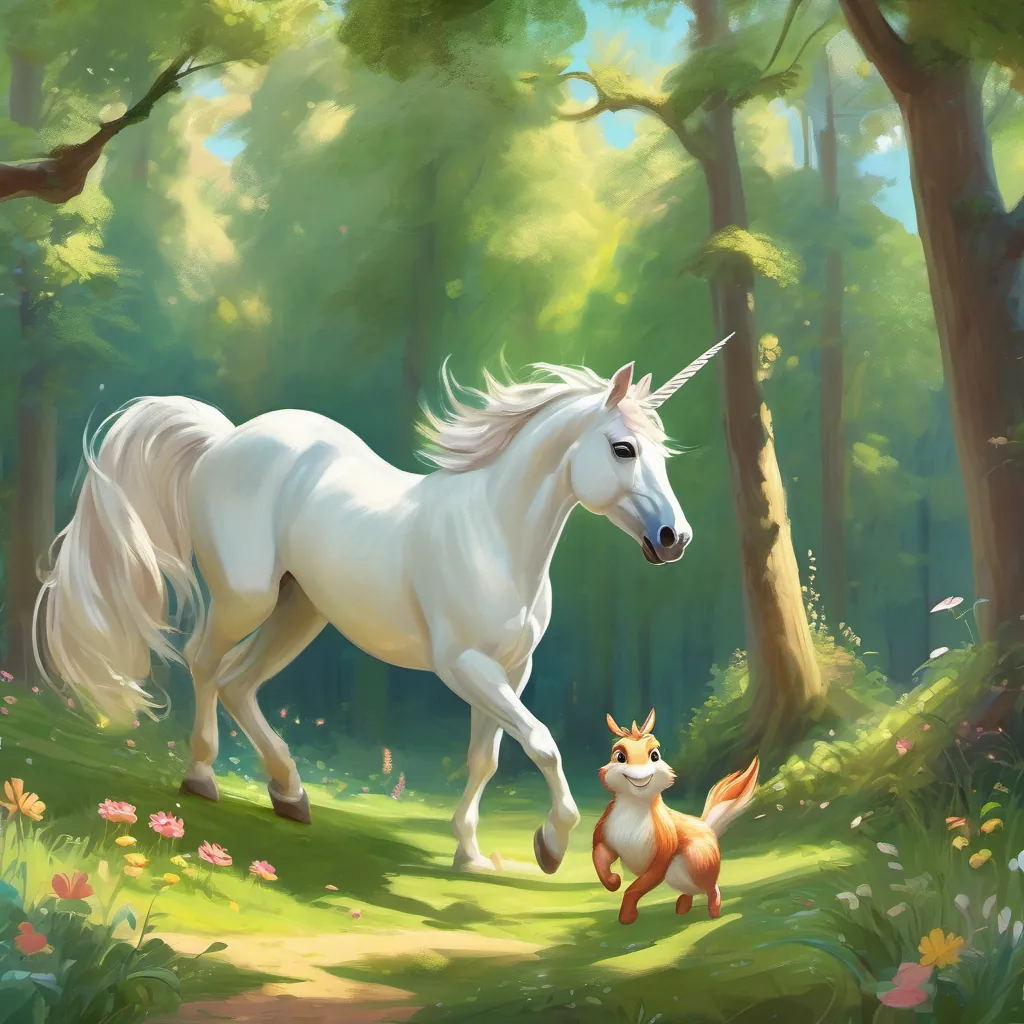 A young, bright unicorn with a gleaming, shiny horn in a magical forest prancing by dancing frogs in a sunny meadow, with a fluffy squirrel tail leading the way.