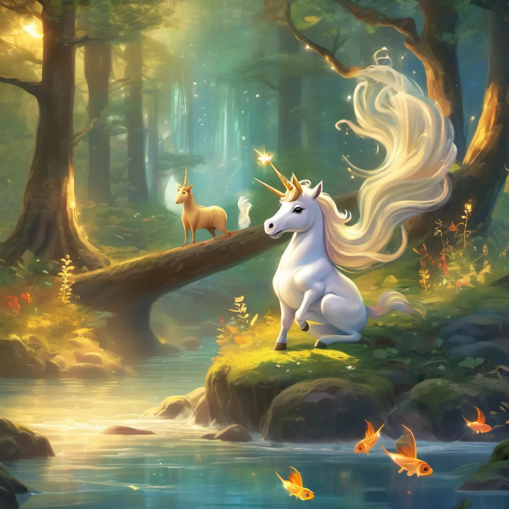 A young, bright unicorn with a gleaming, shiny horn in a magical forest talking to a chattering squirrel by a glowing river with golden fish.