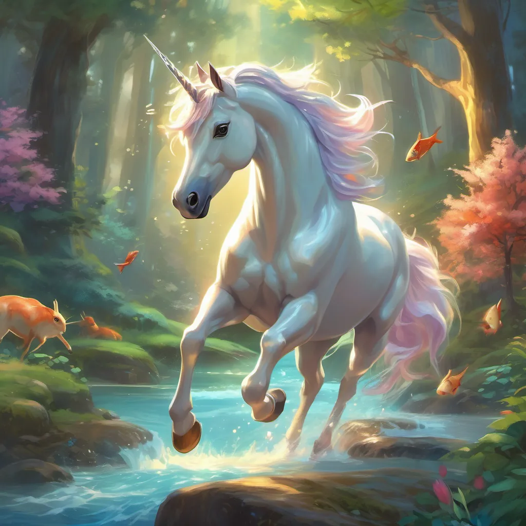 A young, bright unicorn with a gleaming, shiny horn in a magical forest leaping over a glowing river with jumping fish, meeting a polite rabbit on the other side.