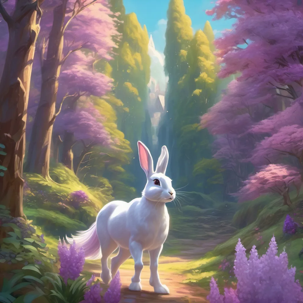The rabbit pointing towards a tall lilac spire, with A young, bright unicorn with a gleaming, shiny horn in a magical forest galloping in the direction.